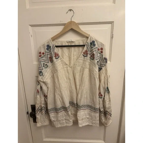 By Anthropologie Women's Kayla Ivory Floral Pleated Beaded Blouse Size L $148 - Picture 3 of 9